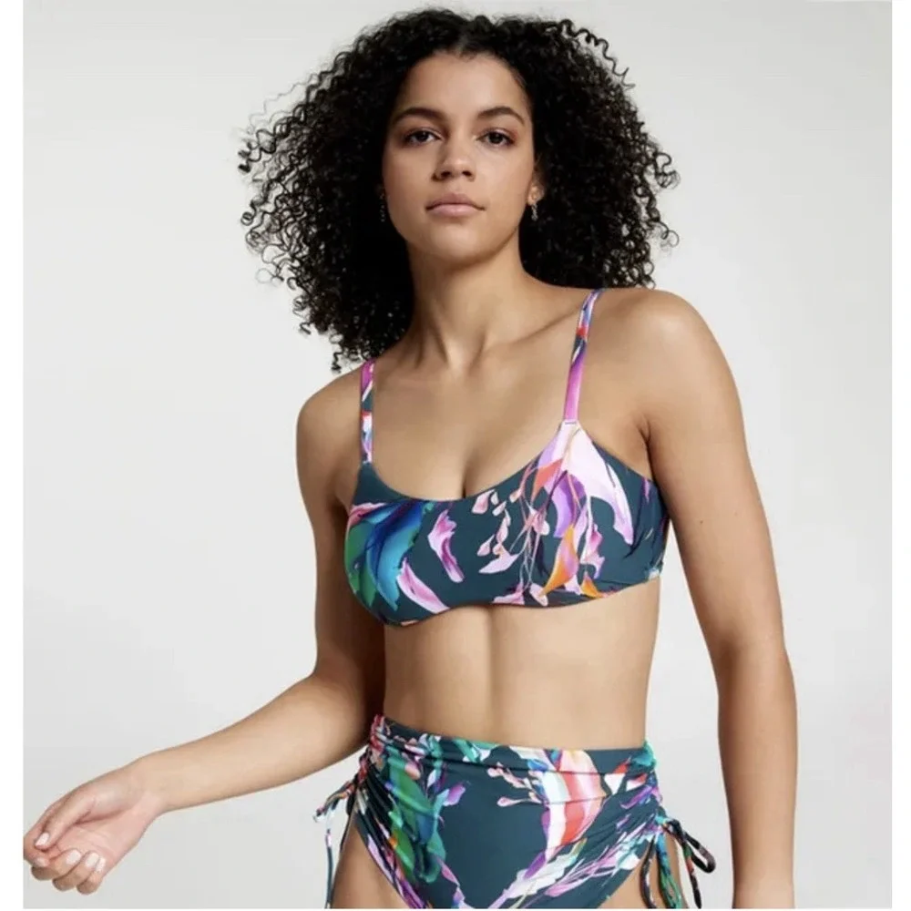 CALIA Women Tie Back Bikini Top Aqua Multicolor Floral Size Small Tropical Beach